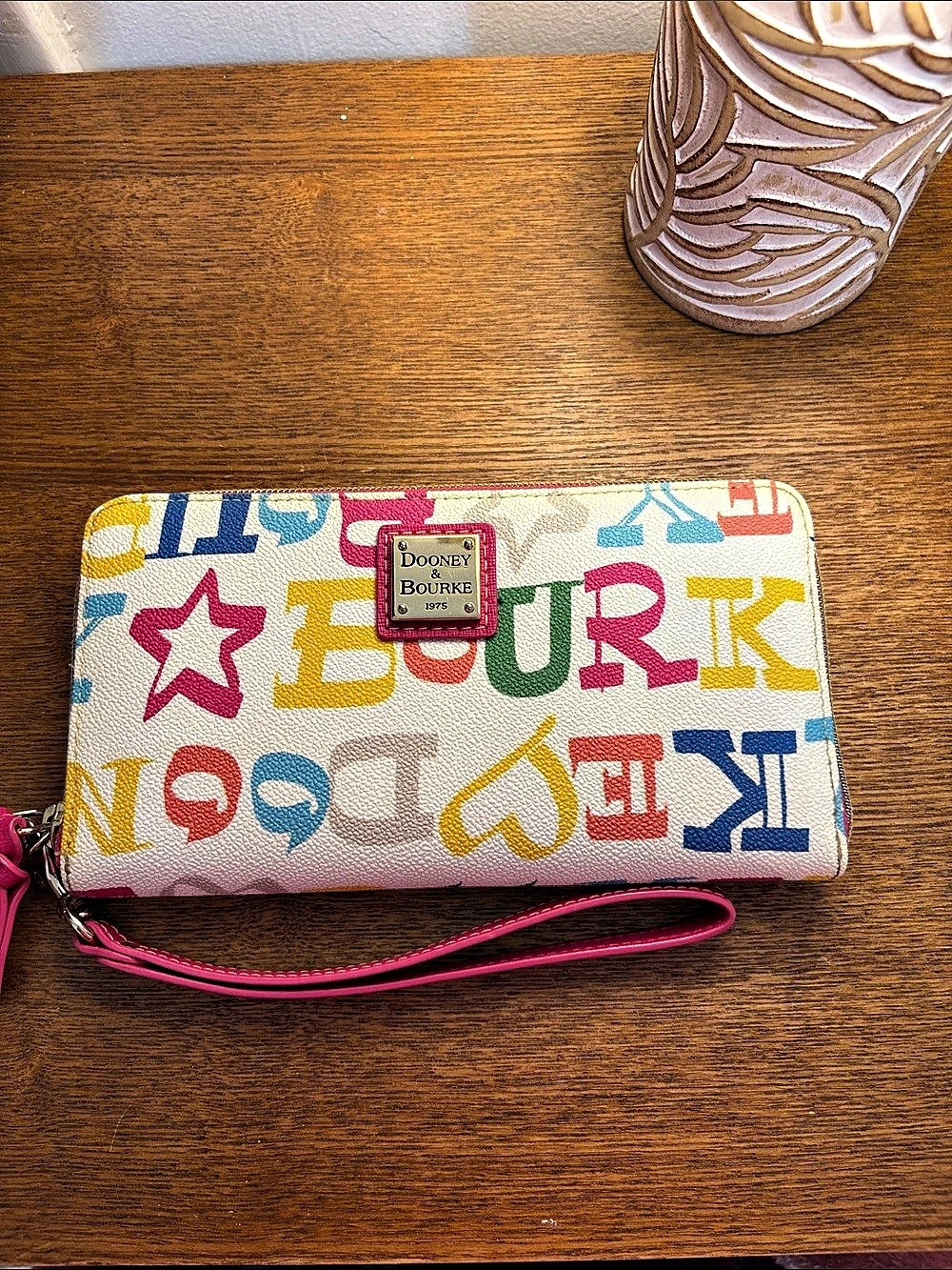 Dooney & Bourke Doodle Logo  Print Wristlet Wallet in Pink & White